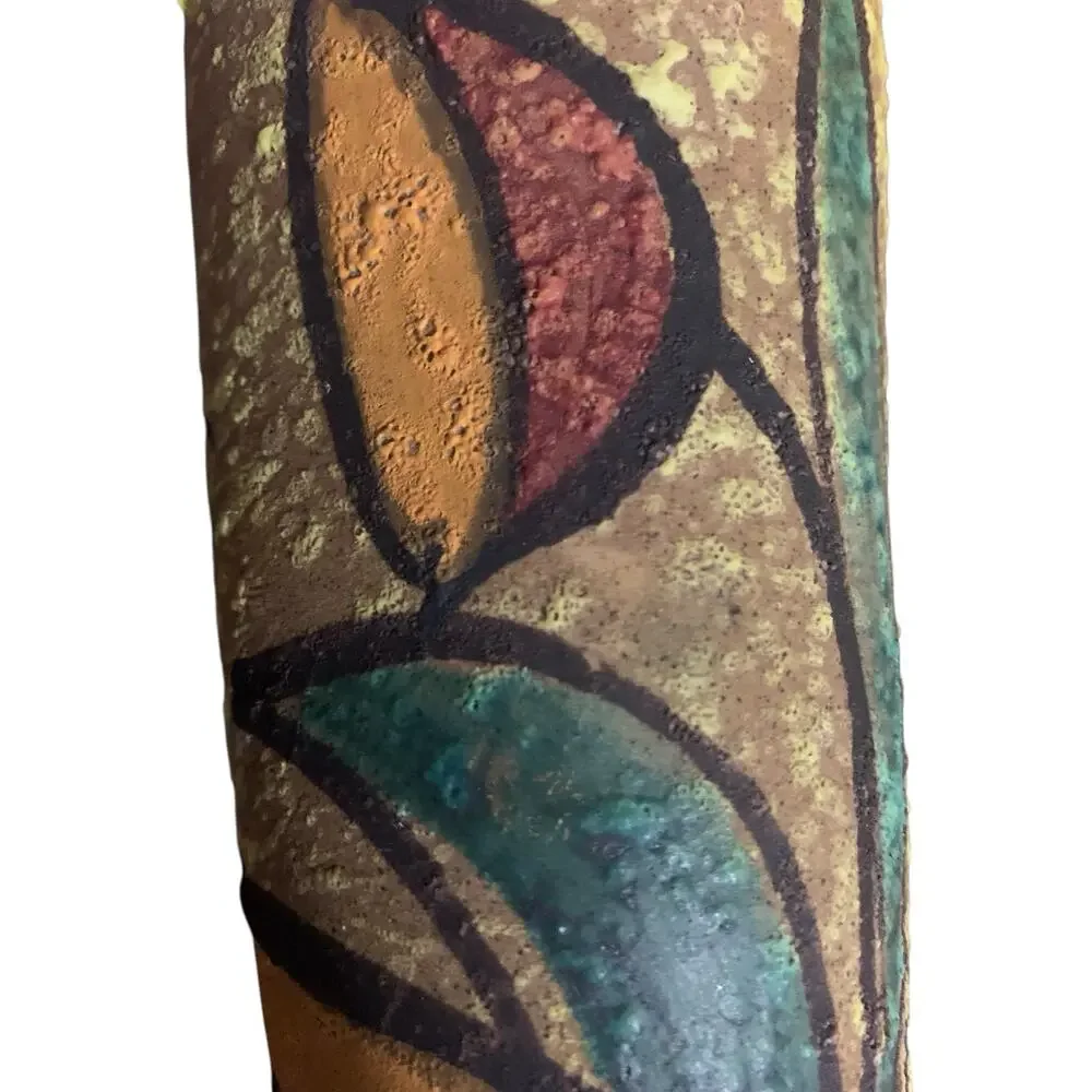 Vintage MCM Italian Art Pottery Vase Volcanic Glaze Bird Floral Hand Painted